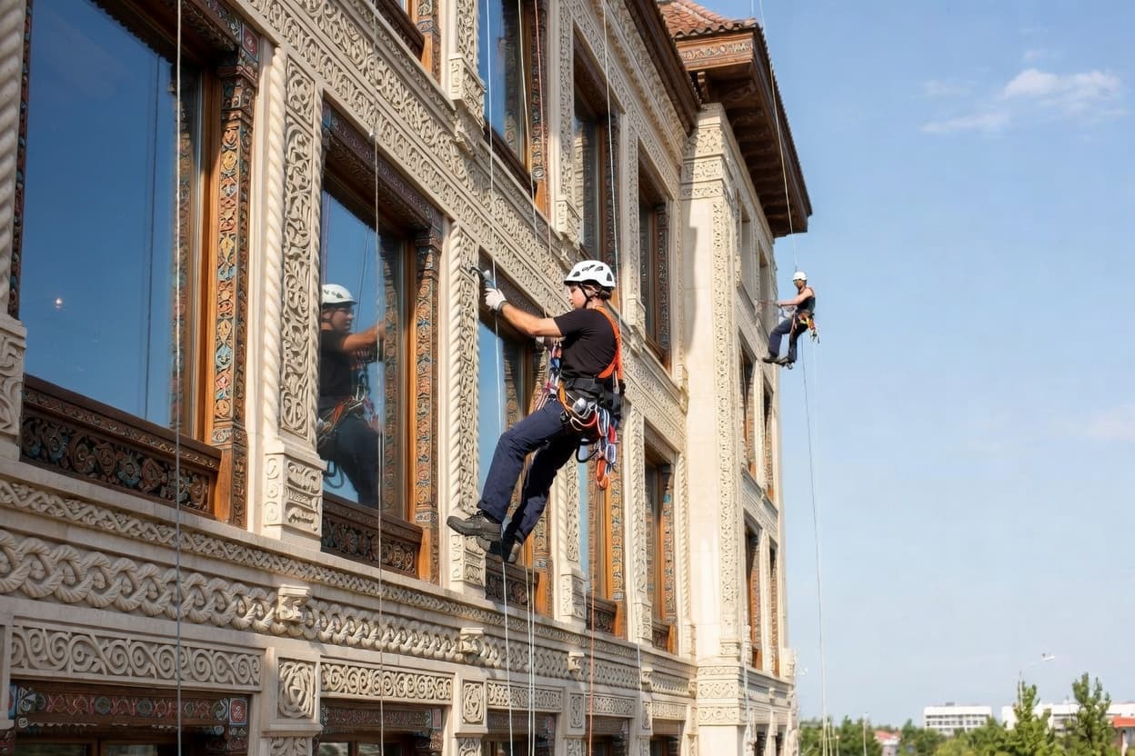 Echipă de alpinism utilitar la lucru pe fațadă